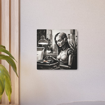 Metal Wall Art - Echoes of the Machine, a Retro-Futuristic Music-Loving Robot Relishing a Record