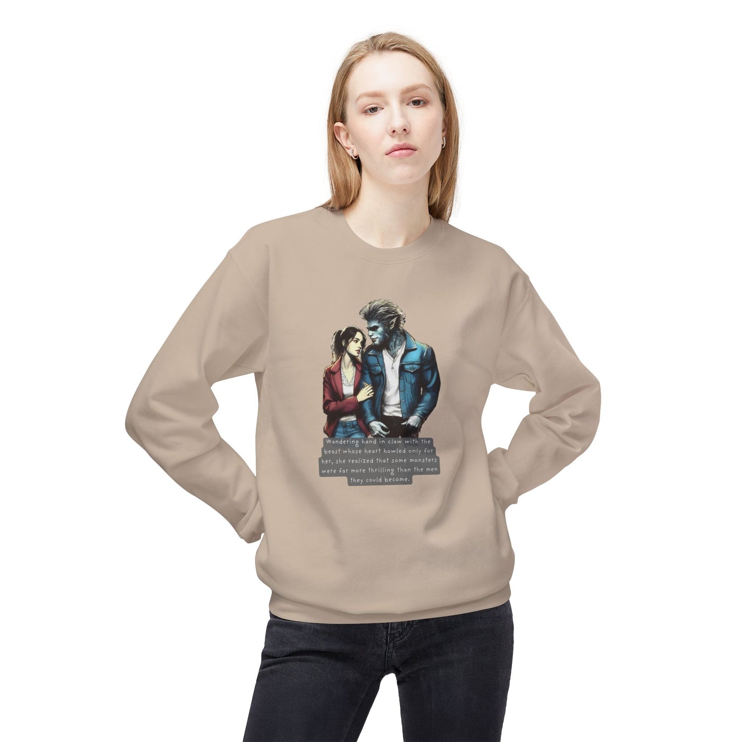 Stroll with a Teenage Werewolf (Beautiful Monsters Collection) - Unisex Midweight Softstyle Fleece Crewneck Sweatshirt, Multiple Colors Available