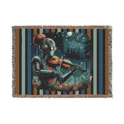 Woven Blanket -  Retro-Futuristic Robot Playing Violin in the Forest Night