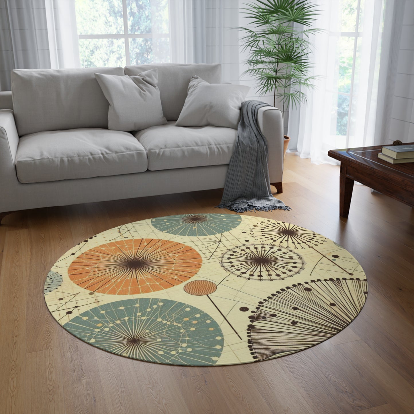 Retro Dandelion Design Chenille Area Rug - 60" × 60" Round Rug in Cream, Orange, and Teal - Soft & Durable Granny Chic Vibes