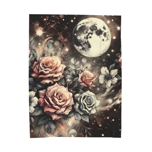 Velveteen Plush Blanket - Vintage Rose Garden Celestial Moon Print