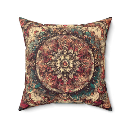 Square Faux Suede Pillow - Boho Floral Mandala, Turquoise, Red, Creme Tones (Cover + Pillow Included)