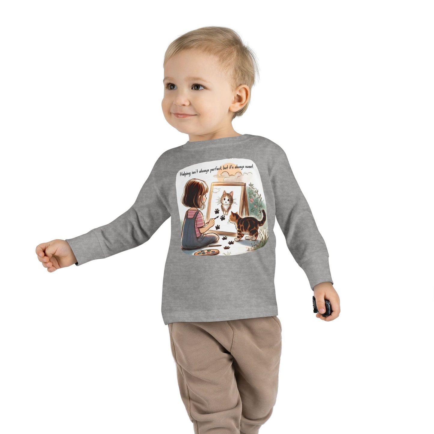 Toddler Long Sleeve Tee - Whimsical Cat Portrait Shirt for Kids, Playful Artistic Unisex Top, Soft