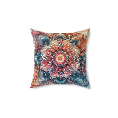 Square Faux Suede Pillow - Boho Floral Mandala, Turquoise, Pink, Orange Tones (Cover + Pillow Included)