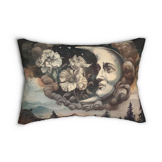 Moon Face Lumbar Pillow, Celestial Gothic Home Decor, Mystical Night Sky Cushion with Vintage Flowers, 20x14 Throw Pillow