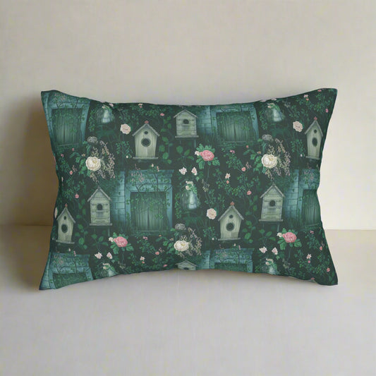 Dark Cottagecore Birdhouse Lumbar Pillow – 20x14" Floral Garden Throw Pillow