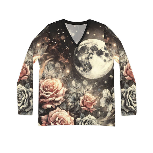 Vintage Roses with Full Moon Celestial Print - Women's Long Sleeve V-neck Shirt