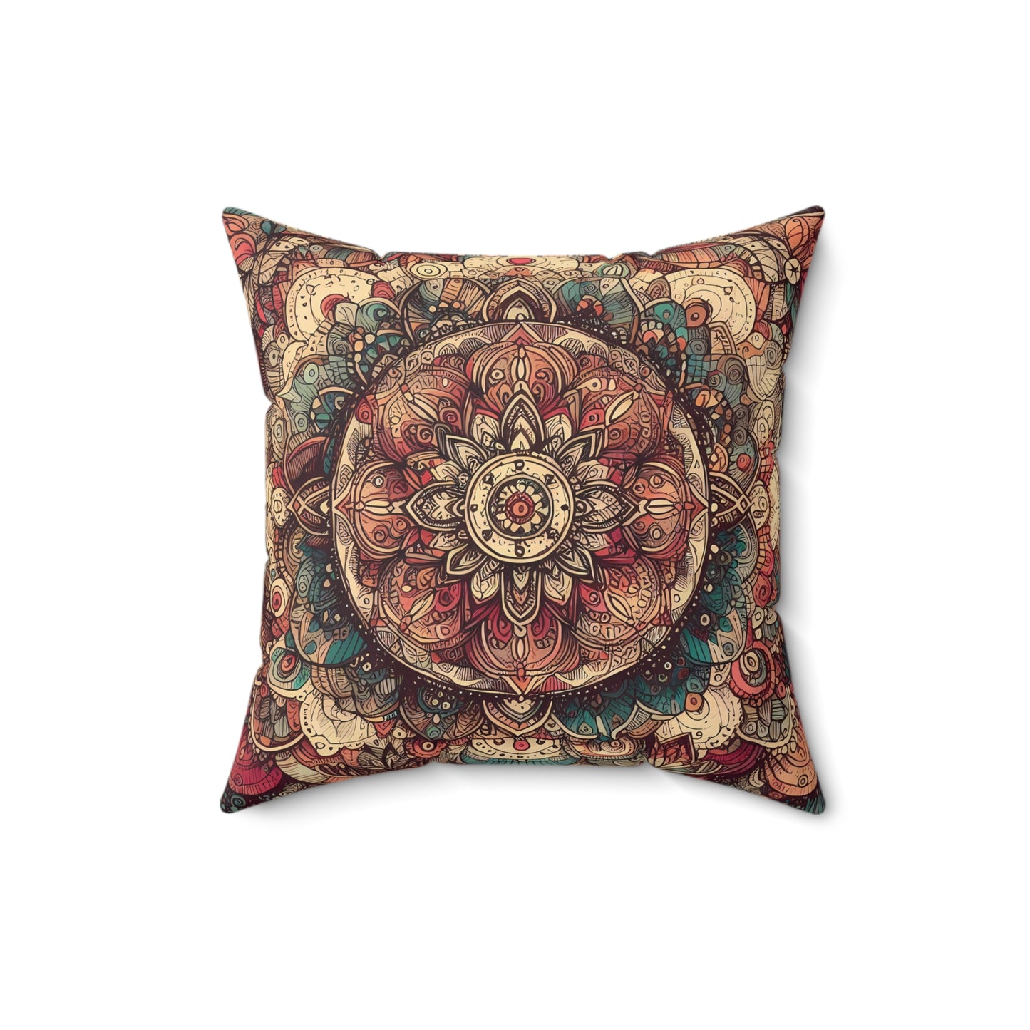 Square Faux Suede Pillow - Boho Floral Mandala, Turquoise, Red, Creme Tones (Cover + Pillow Included)