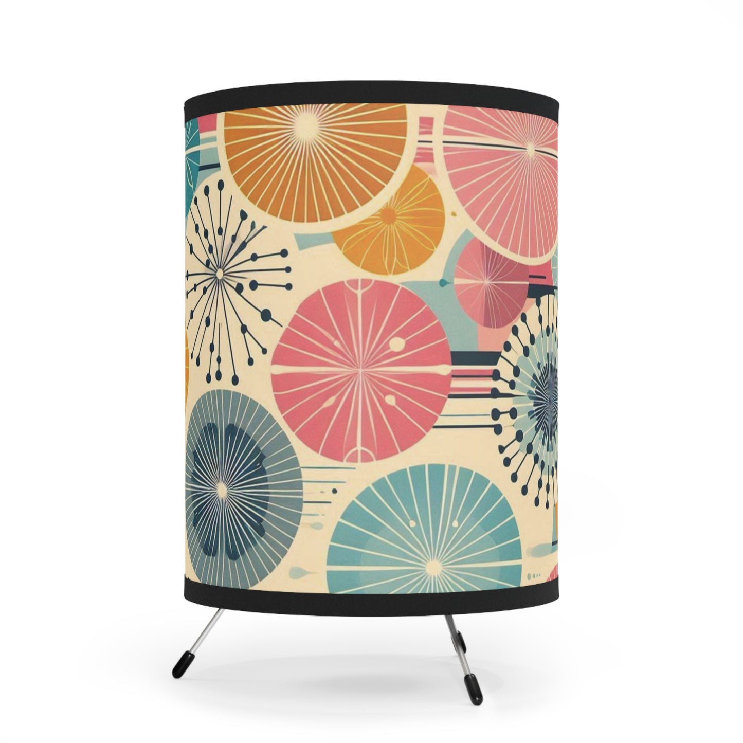 Retro Dandelion Tripod Lamp - 50s & 60s Inspired Grandma Chic Style - Cozy Lighting with Pink, Teal, Blue, and Orange Shades