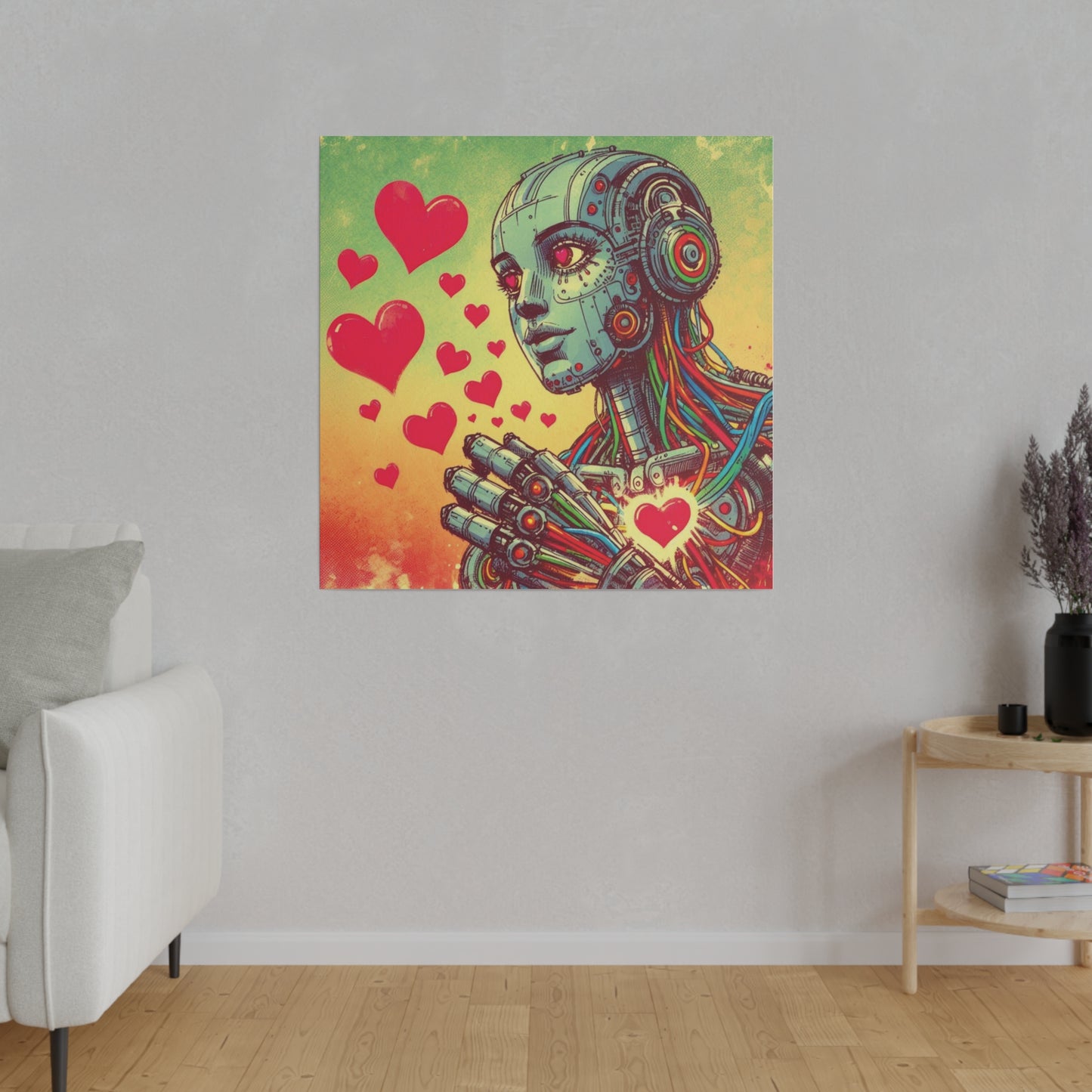 Retro-Futuristic Robot Love Matte Canvas – Graphic Novel Style Sketch, Vibrant Wall Art