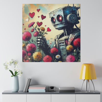 Canvas Print, Retro-Futuristic Robot in Wildflowers, Graphic Novel Style, Comic Book Art, Matte Stretched Vibrant Wall Art