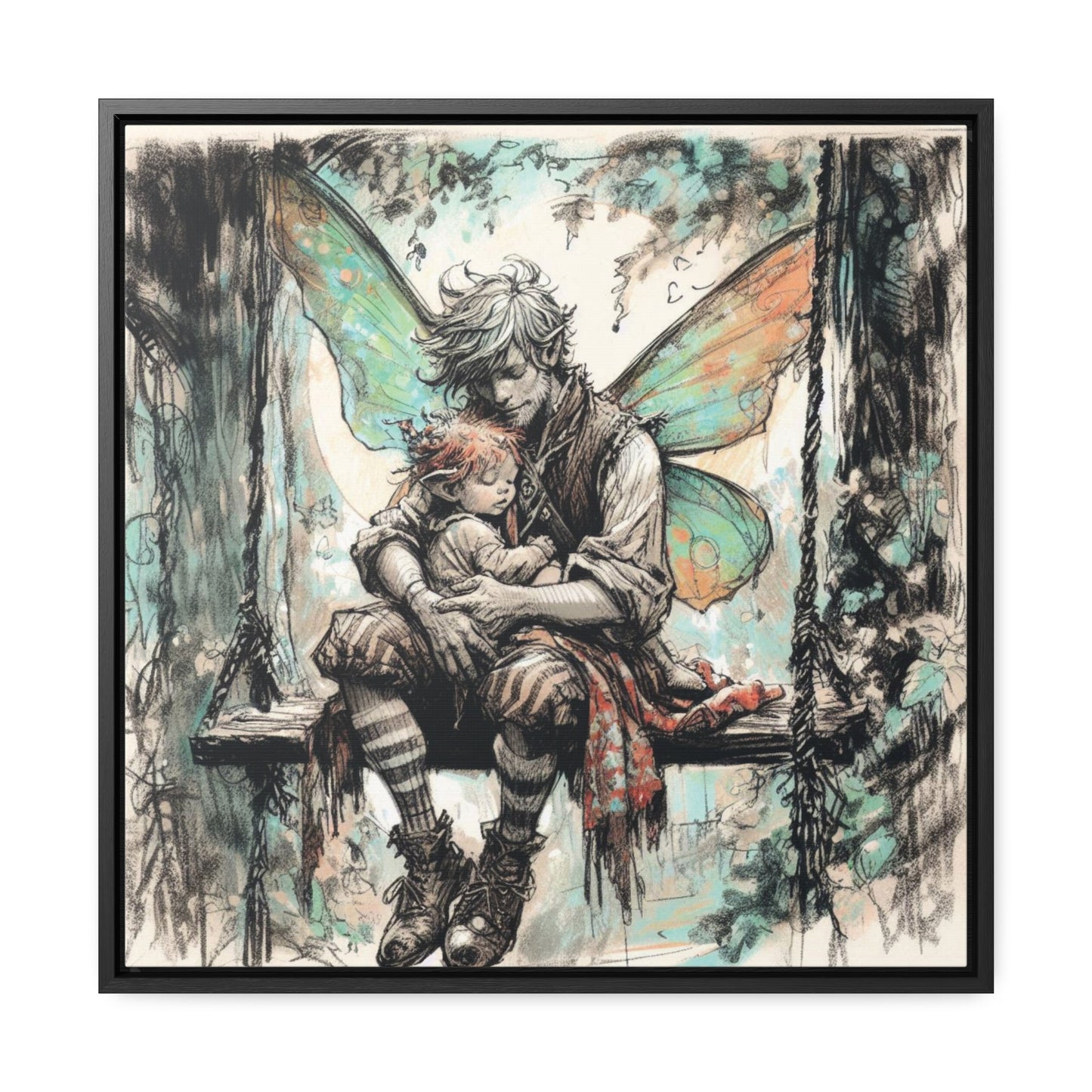 Daddy and Baby Fairy on Swing Gallery Wrapped Canvas Print - Sweet Fatherly Bond Wall Art for Nurseries or Child's Bedroom