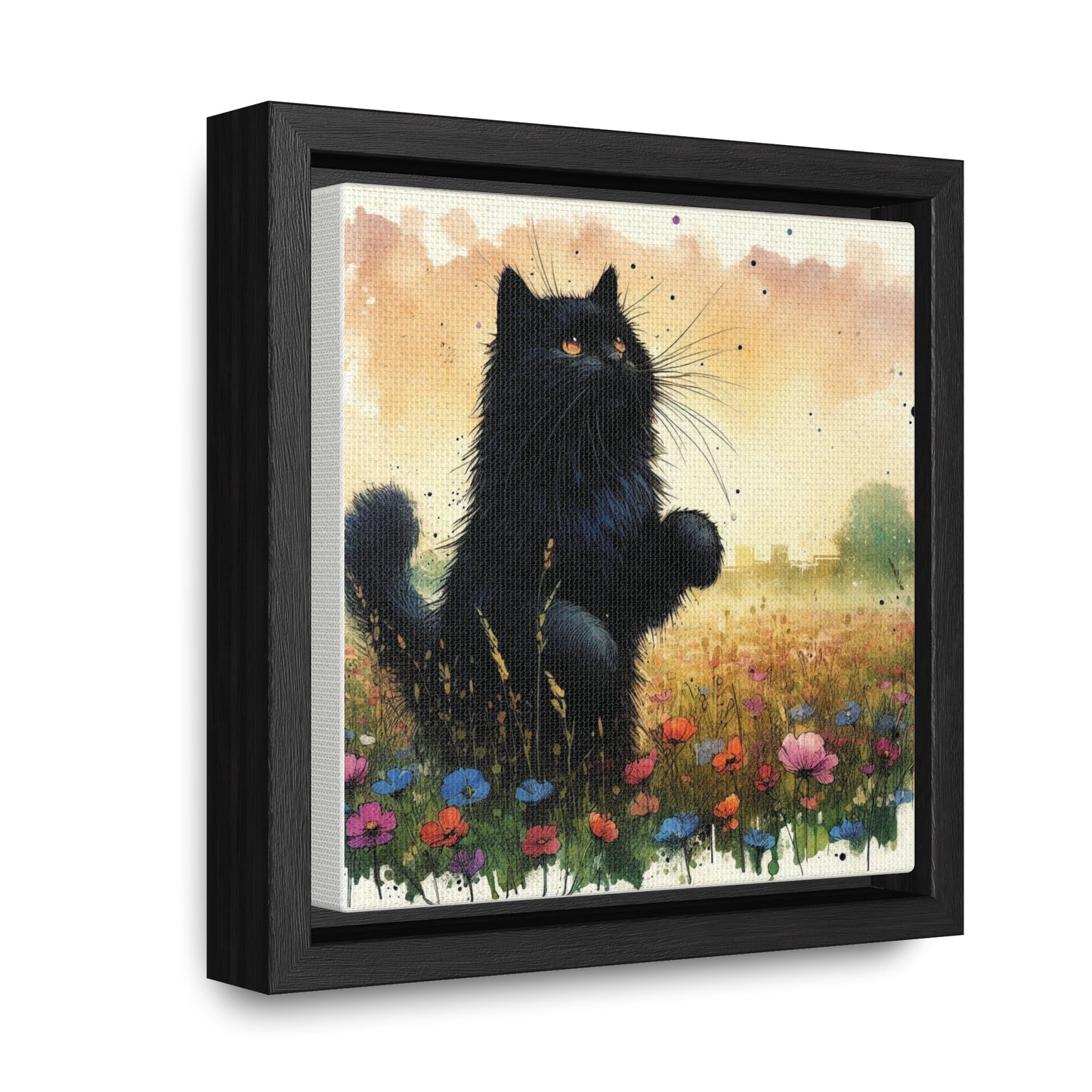 Playful Black Long-Haired Cat Floral Field, Gallery-Wrapped Canvas - Cat Lover Gift, Decor for Child's Room or Nursery