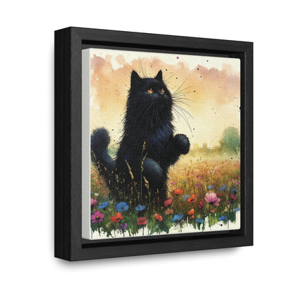 Playful Black Long-Haired Cat Floral Field, Gallery-Wrapped Canvas - Cat Lover Gift, Decor for Child's Room or Nursery