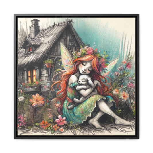 Whimsical Red-Haired Fairy Snuggling Bunny Cottage Core Art, Gallery-Wrapped Canvas - Fantasy Decor for Child's Room or Nursery