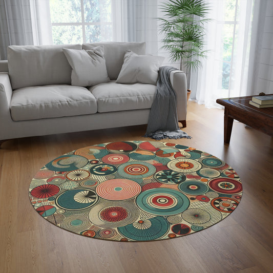 Retro Circle Geometric Pattern Rug - 60" x 60" - Bold Colors & Lines - 100% Polyester Chenille - Soft & Durable Round Area Rug