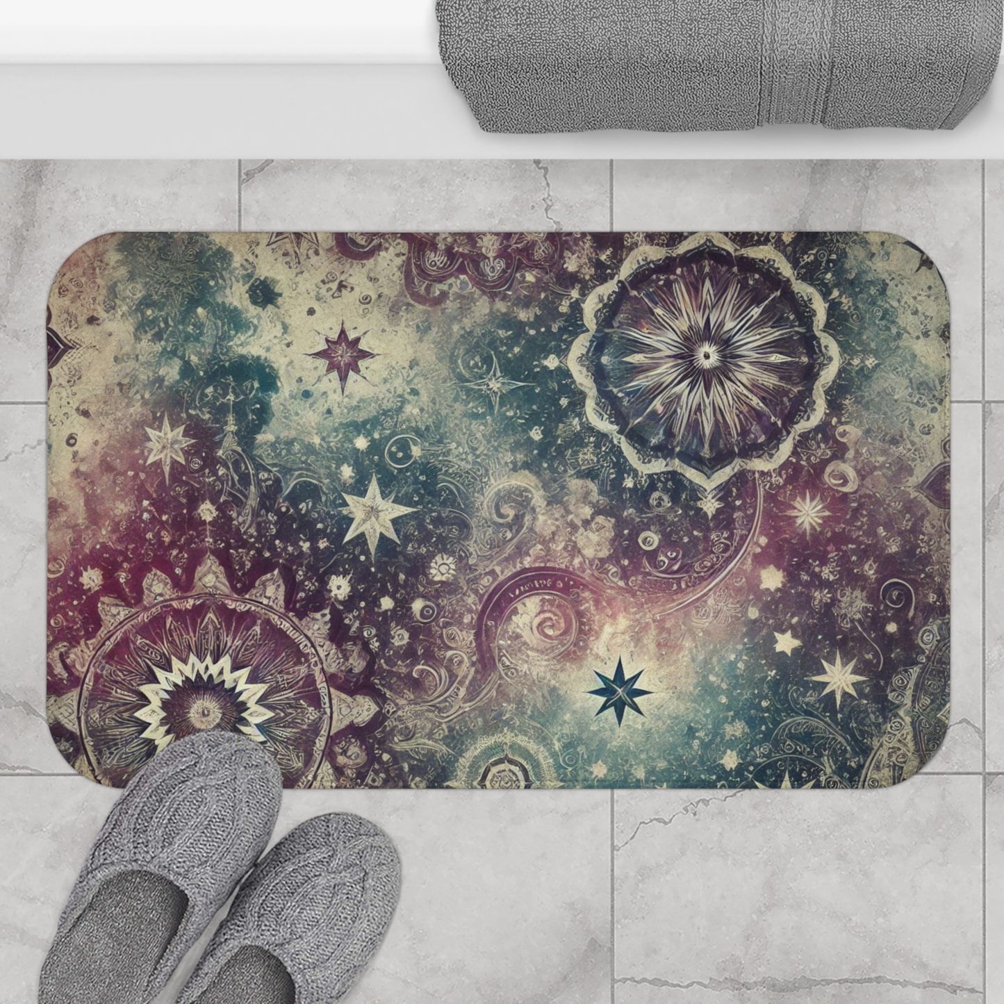 Bath Mat - Galaxy with Vintage Stars in Purple and Teal