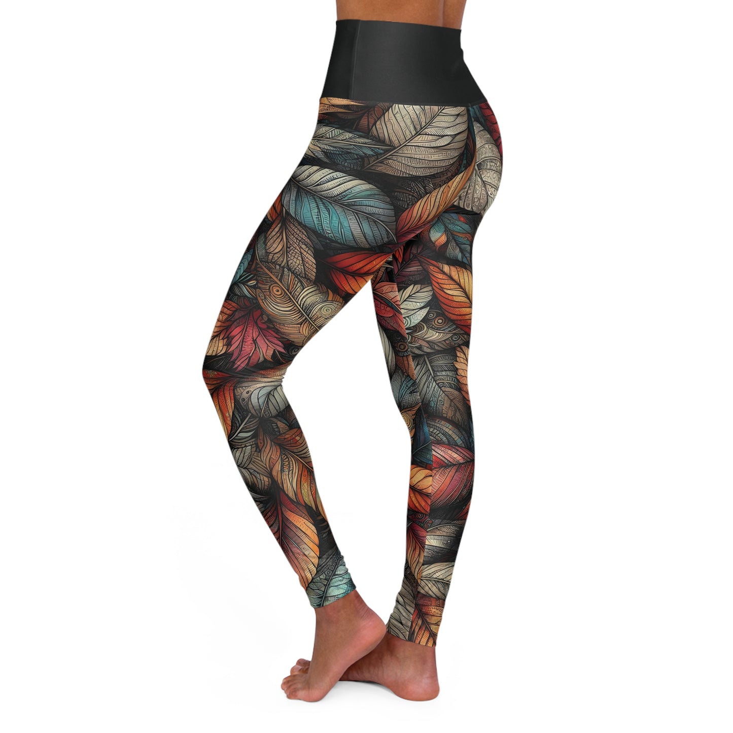 High Waisted Fall Yoga Leggings - Sketched Vibrant Leaves, XS-2XL