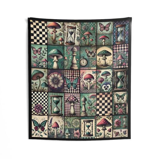 Wall Tapestry - Victorian Wonderland with Patchwork Mushrooms, Hourglasses, Butterflies, Chess Pieces