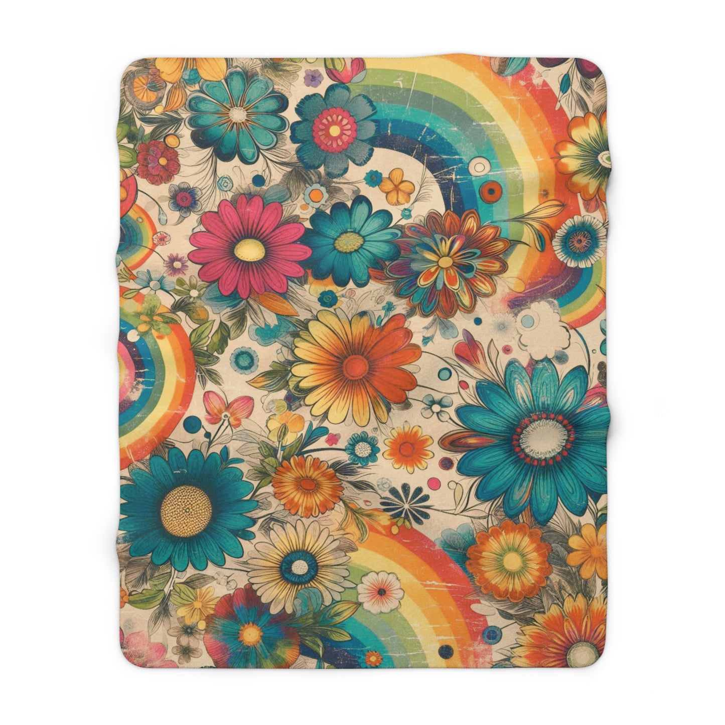 Retro Rainbow Sherpa Fleece Blanket - Whimsical Vintage Flower Design - Great for Living Rooms, Bedding, Outdoor Events, Nurseries