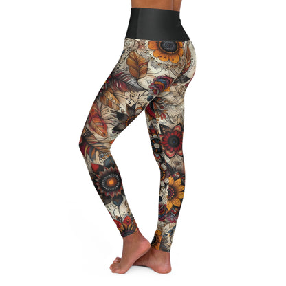 High Waisted Fall Yoga Leggings - Autumn Blossoms, XS-2XL