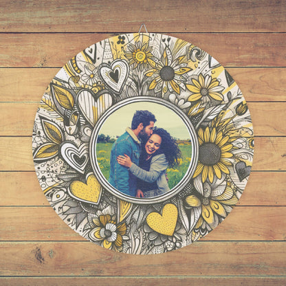 Whimsical Custom Photo Wooden Wall Sign - Sketch-Style Flowers & Hearts Design, Yellow