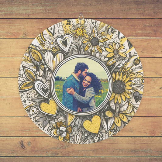 Whimsical Custom Photo Wooden Wall Sign - Sketch-Style Flowers & Hearts Design, Yellow