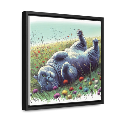 Gray Cat Lounging in Floral Field Gallery-Wrapped Canvas - Cat Lover Gift, Decor for Child's Room or Nursery, Storybook Style Art