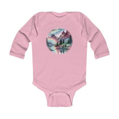 Baby Long Sleeve Bodysuit - Mountain and Rainbow Storybook Scene, Sizes Up to 18mo, Multiple Colors Available