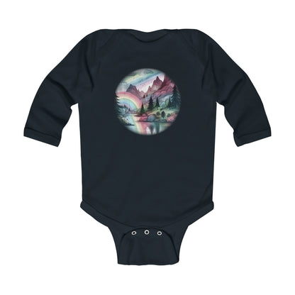 Baby Long Sleeve Bodysuit - Mountain and Rainbow Storybook Scene, Sizes Up to 18mo, Multiple Colors Available