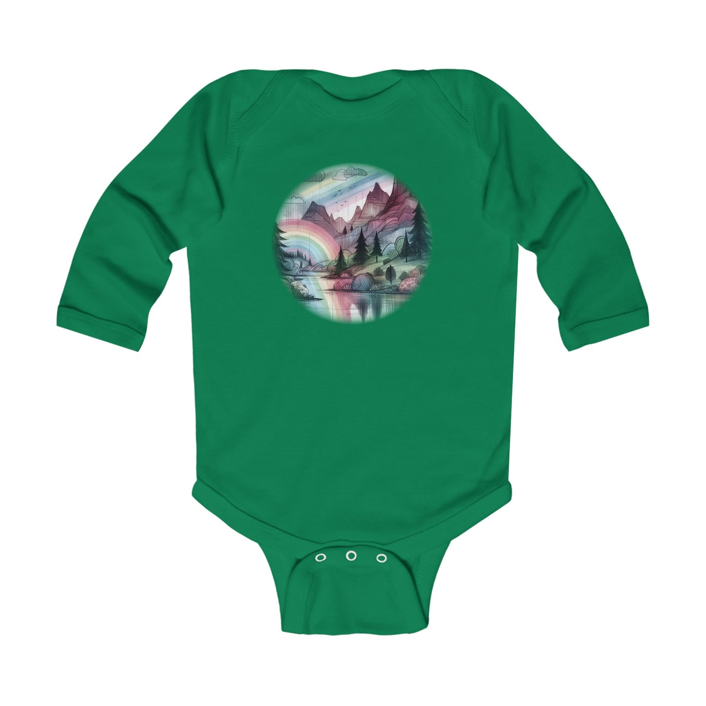 Baby Long Sleeve Bodysuit - Mountain and Rainbow Storybook Scene, Sizes Up to 18mo, Multiple Colors Available