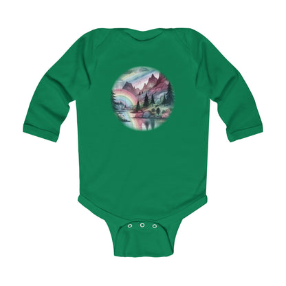 Baby Long Sleeve Bodysuit - Mountain and Rainbow Storybook Scene, Sizes Up to 18mo, Multiple Colors Available