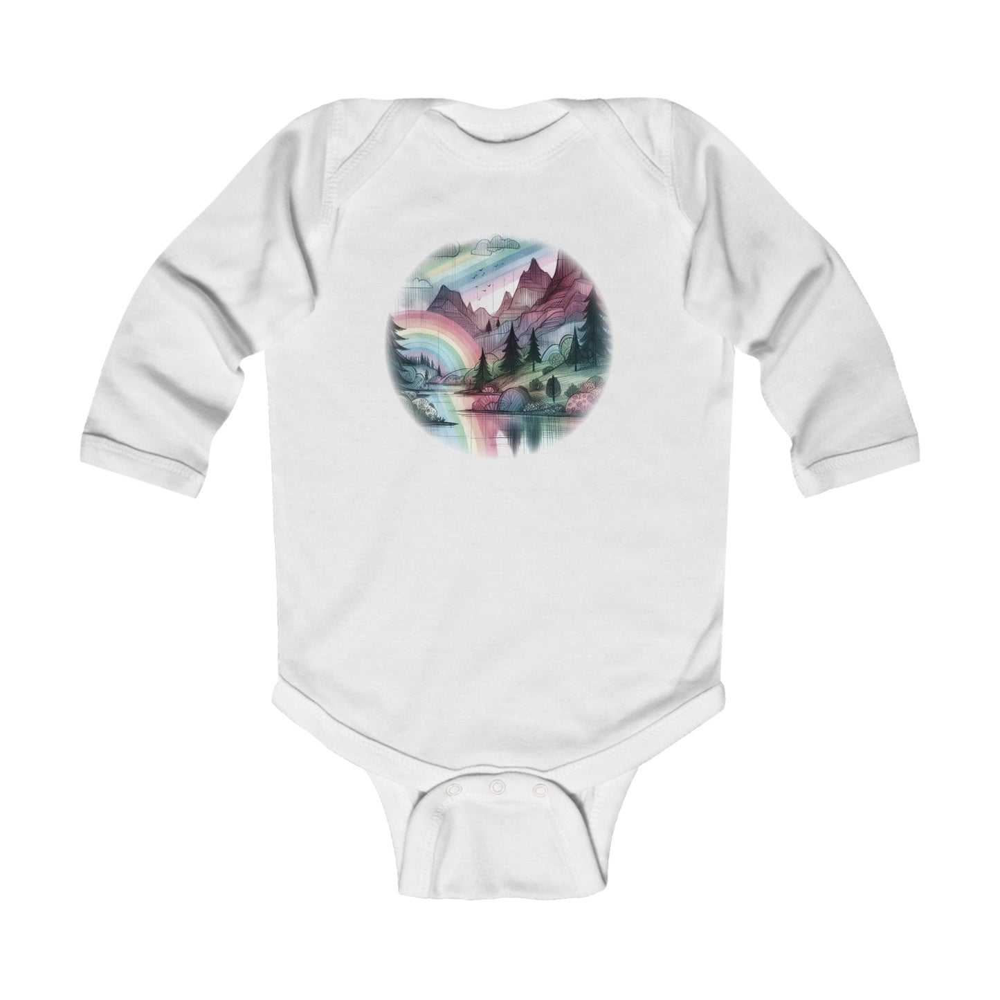 Baby Long Sleeve Bodysuit - Mountain and Rainbow Storybook Scene, Sizes Up to 18mo, Multiple Colors Available