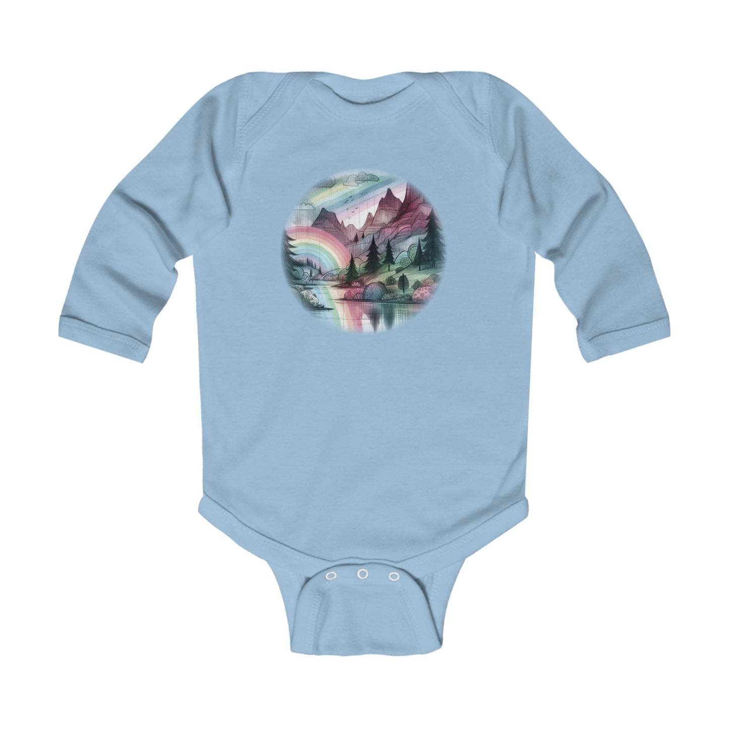 Baby Long Sleeve Bodysuit - Mountain and Rainbow Storybook Scene, Sizes Up to 18mo, Multiple Colors Available