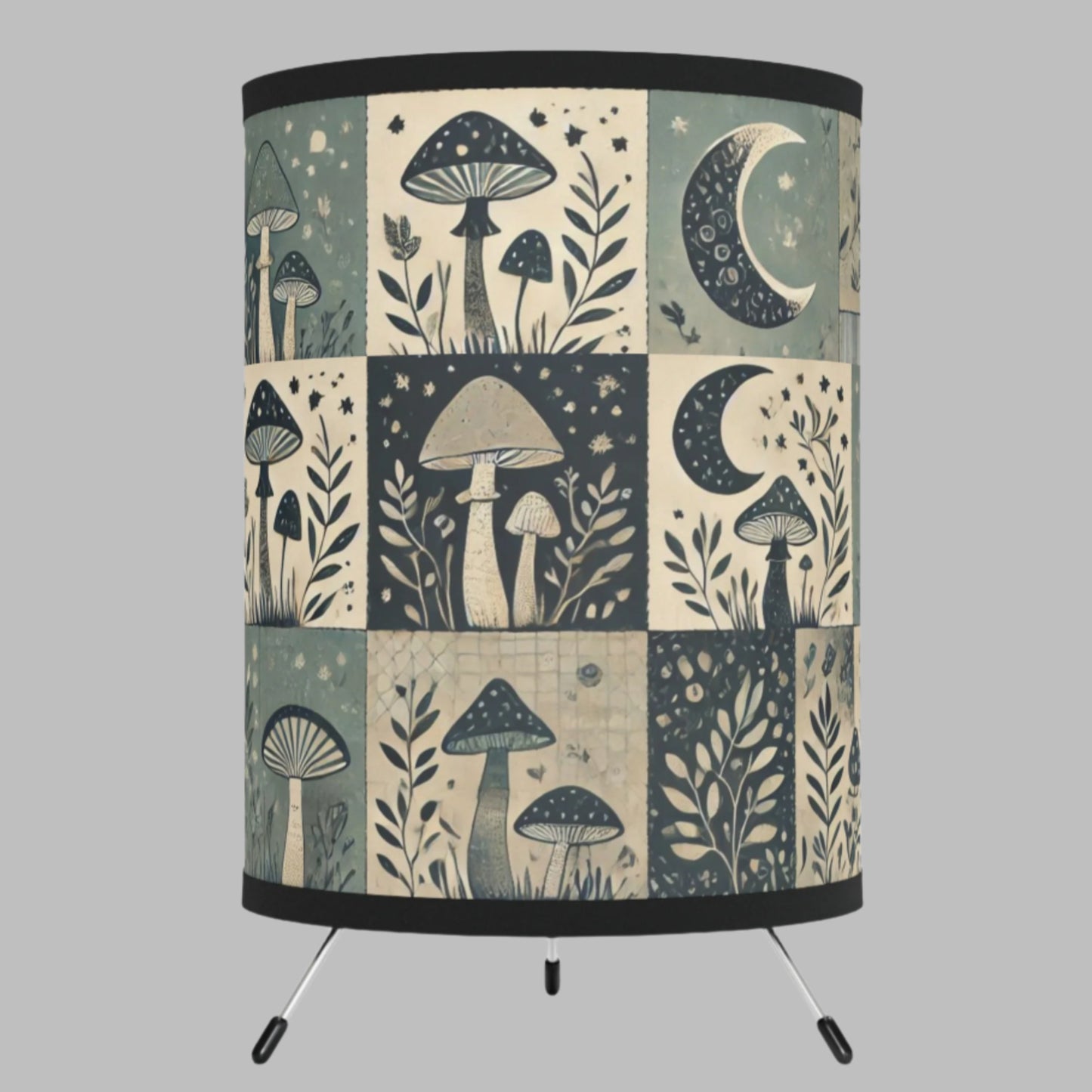 Tripod Table Lamp - Mystical Mushroom Patchwork Charm in Deep Teal & Green