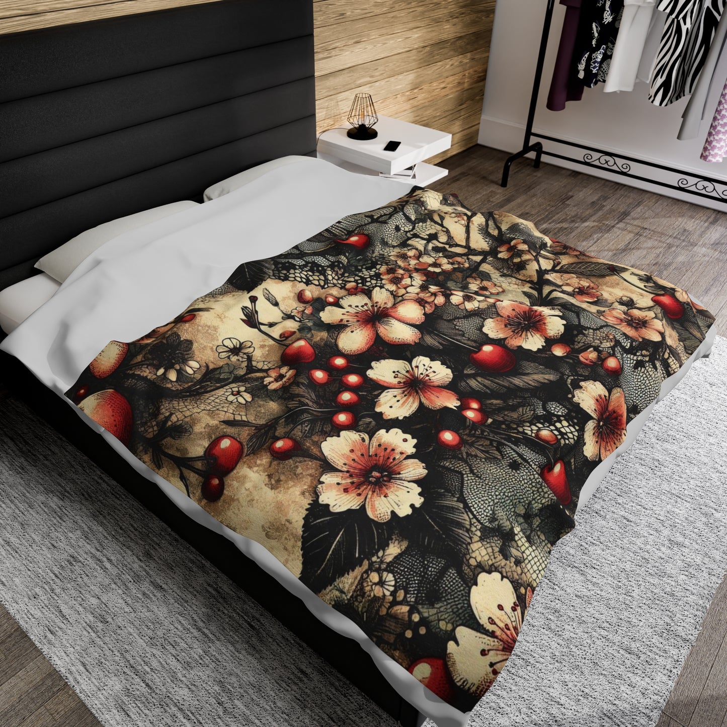 Velveteen Plush Blanket - Blooms, Cherries, and Black Lace