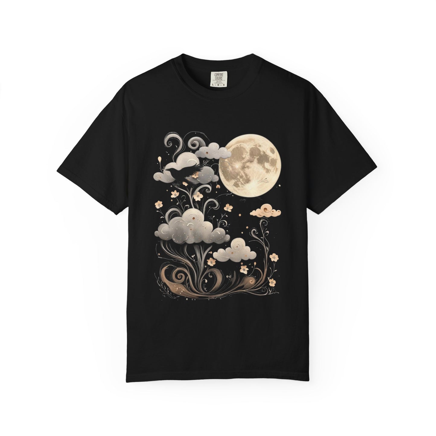 Moonlit Crow Comfort Colors T-Shirt, Halloween Mystical Raven Shirt, Dark Nature Art Tee, Cloud and Moon Graphic, Soft Cotton Witchy T-Shirt