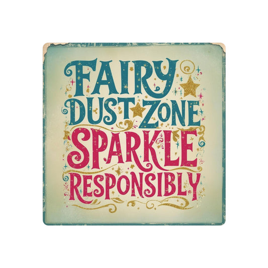 Enchanted "Fairy Dust Zone: Sparkle Responsibly" Metal Sign - Whimsical Square Wall Decor or Door Sign