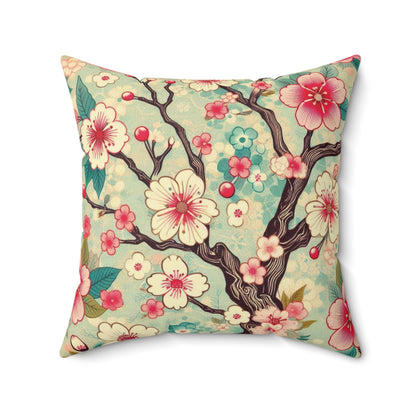 Retro Cherry Blossom Faux Suede Pillow - Bright Pink & Teal Decorative Throw Pillow - Soft Accent Pillow for Sofa, Bed, Lounge