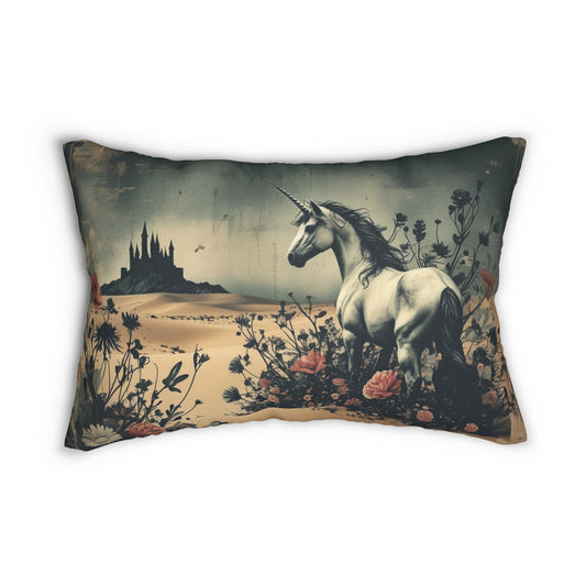 Unicorn Lumbar Pillow, Dark Fairytale Castle Scene, Mystical Desert Gothic Home Decor, 20x14 Throw Cushion
