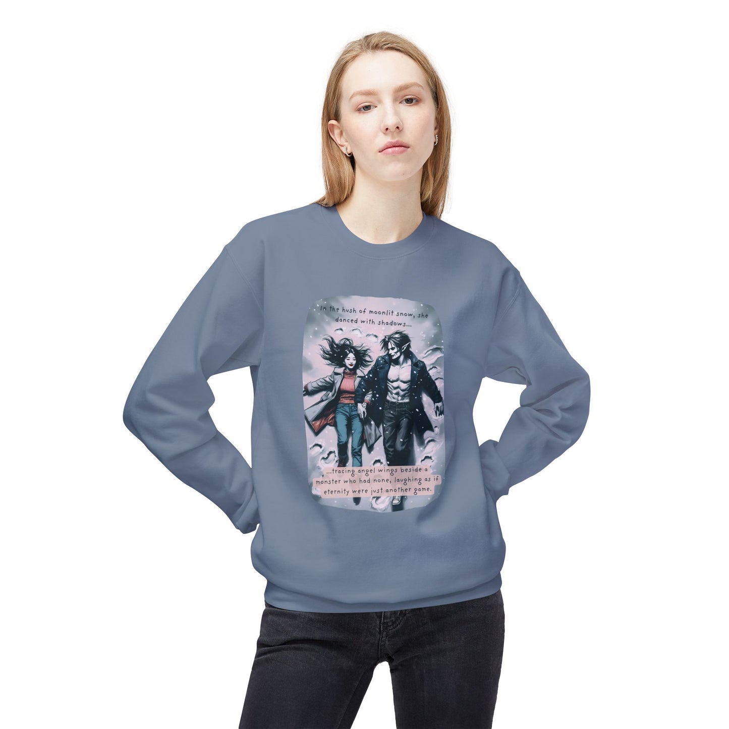 Snow Angels and Shadows (Beautiful Monsters Collection) - Unisex Midweight Softstyle Fleece Crewneck Sweatshirt, Multiple Colors Available