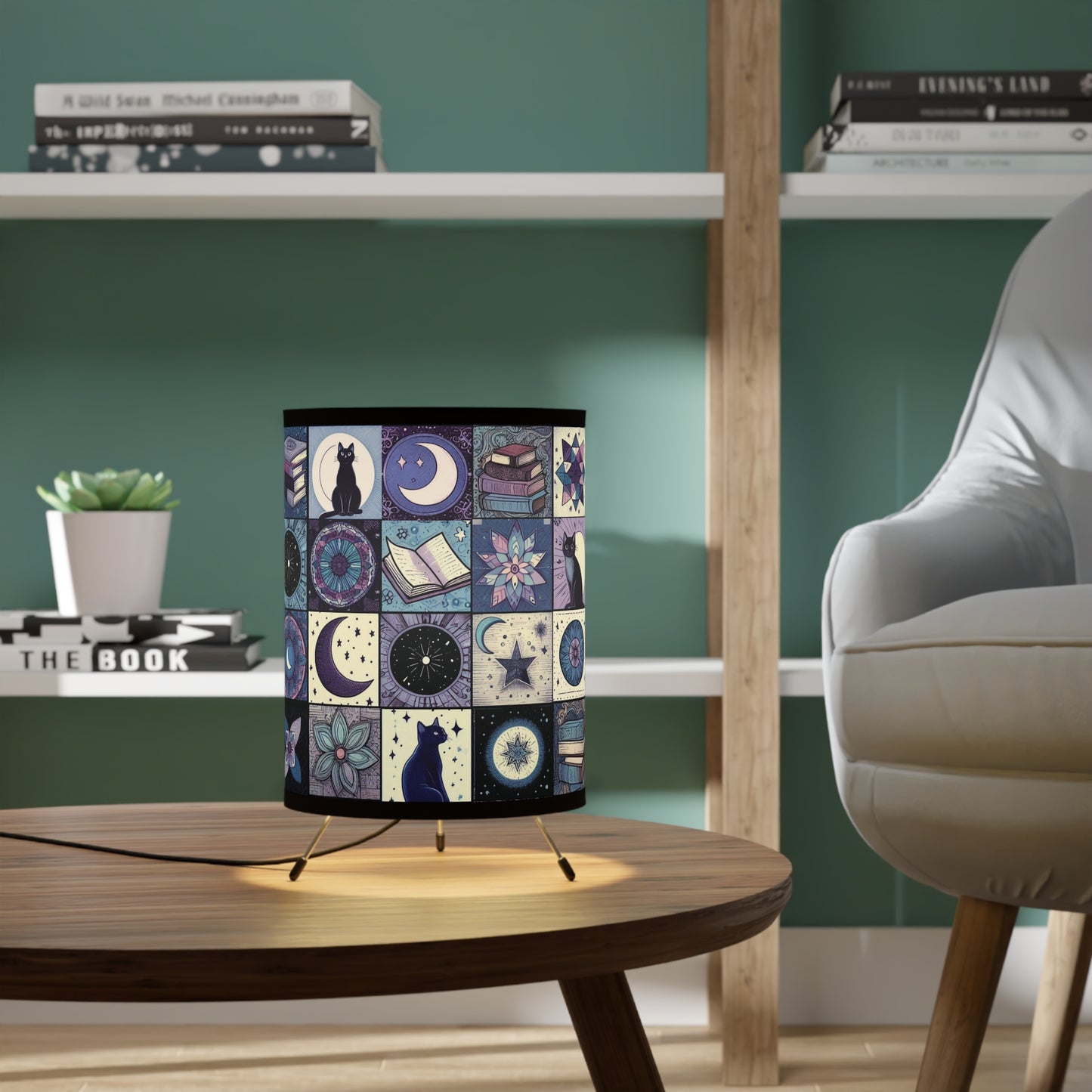 Tripod Table Lamp - Patchwork Cats, Books, & Moons