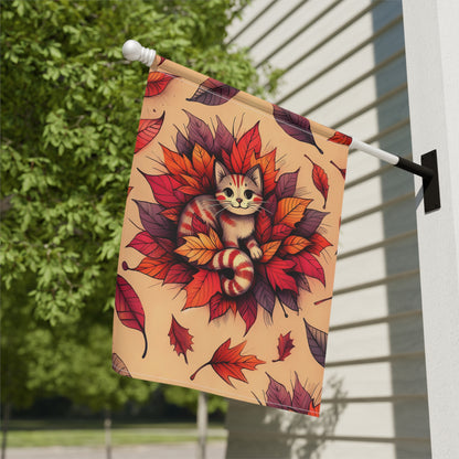 Porch or Yard Flag / Garden Banner - Whimsical Autumn Kitty in Leaves