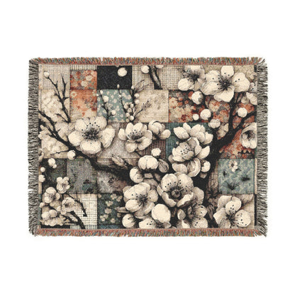 Woven Blanket - Cream Cherry Blossom Patchwork, Romantic Retro Vibes
