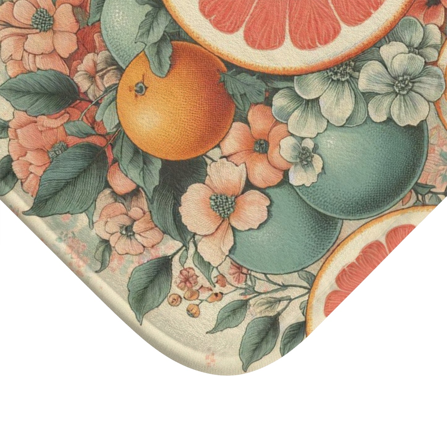 Granny Chic Citrus Bouquet Bath Mat - Fun Retro Grapefruit & Orange Floral Print - Anti-Slip Backing - 100% Microfiber