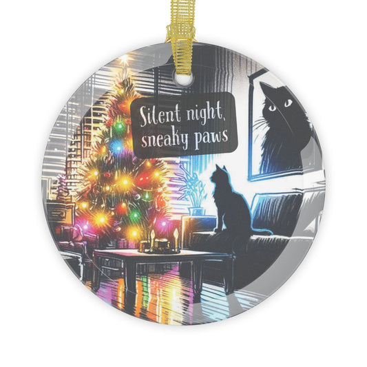 Glass Christmas Ornament – Cat Gazing at Christmas Tree with 'Silent Night, Sneaky Paws' Design, 100% Glass with Beveled Edges, Gold Ribbon for Hanging