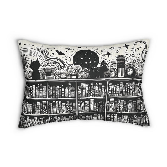 Lumbar Pillow - Whimsical Black & White Bookshelves