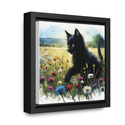 Black Cat Playing in Meadow Gallery-Wrapped Canvas - Cat Lover Gift, Decor for Child's Room or Nursery, Storybook Style Art