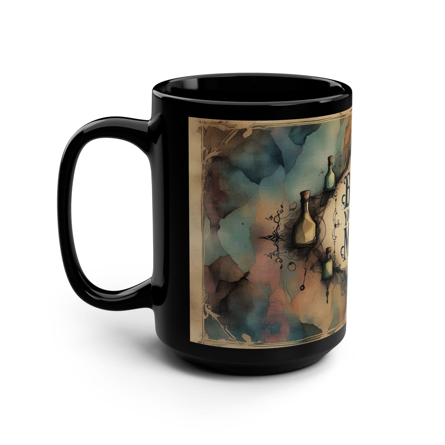 Mystical "Brew Your Own Magic" Mug, Whimsical Potion Bottle Design, 15oz Black Ceramic Coffee or Tea Cup for Witches and Dreamers