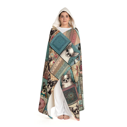 Chihuahua Patchwork Hooded Sherpa Blanket – Cozy Retro Vintage Design for Dog Lovers